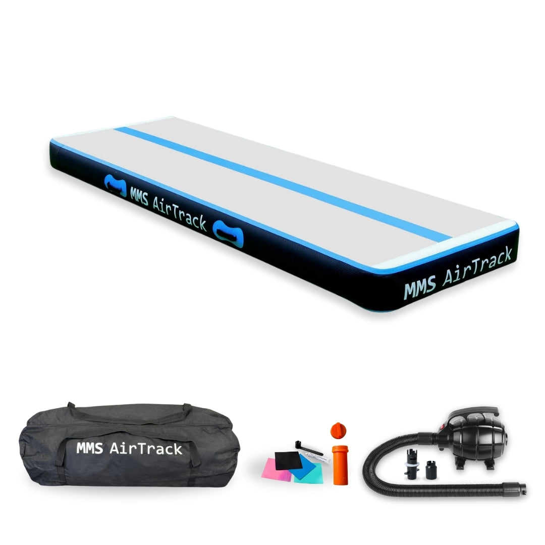 MMS AirTrack Plus in grijs met blauwe rand, inclusief draagtas en elektrische pomp, ideaal voor demping en bounce.