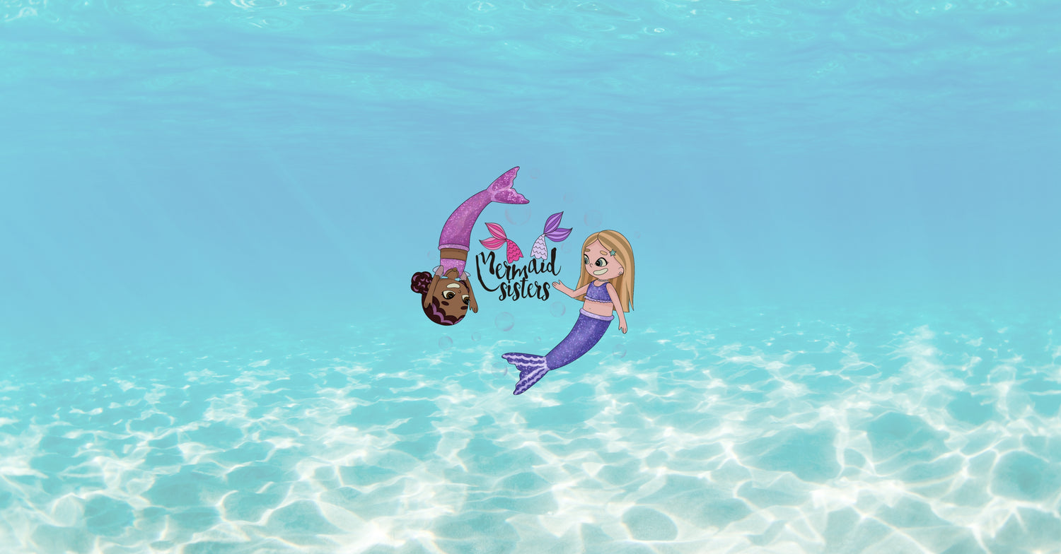 Mermaid Sisters banner voor computer met twee zeemeerminnen en merklogo onder water