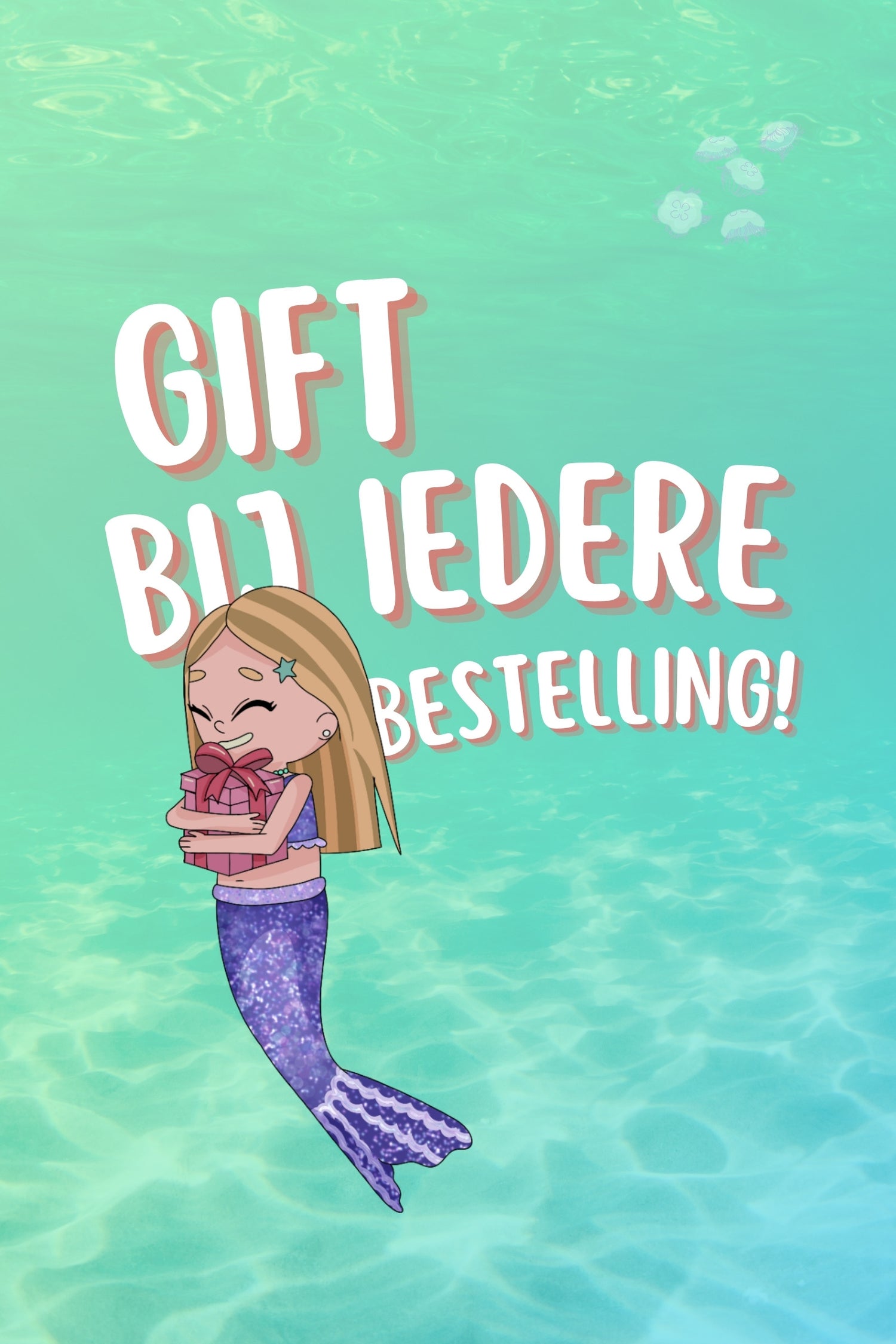 Mermaid Sisters gift bij iedere bestelling illustratie met zeemeermin en cadeau