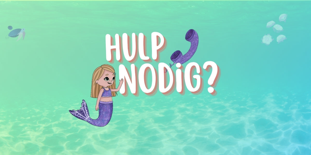 Mermaid Sisters klantenservice illustratie – zeemeermin met tekst Hulp nodig en telefoonicoon