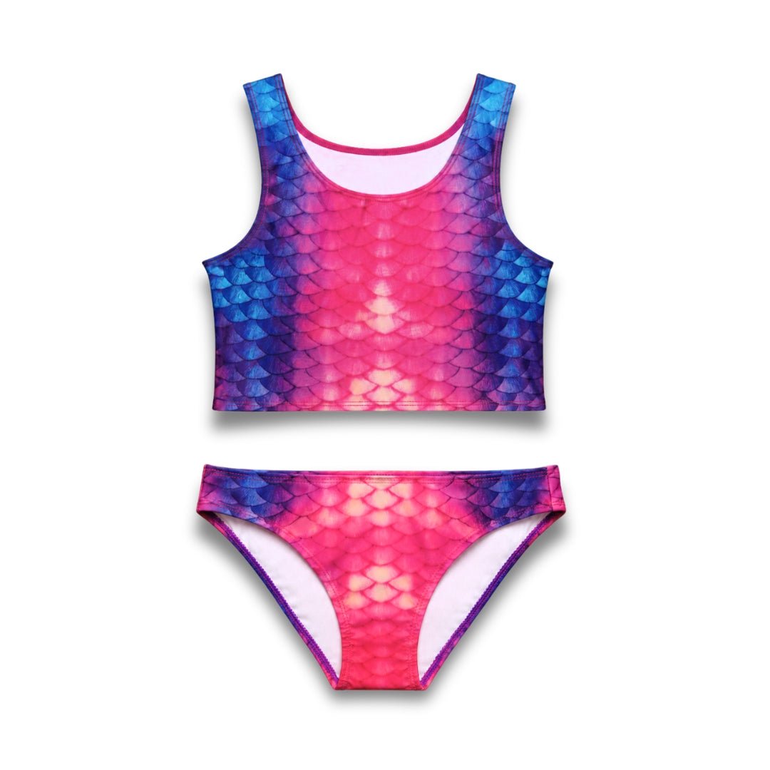 Bikiniset Tropical Sunset in roze, paars en blauw, perfect voor zeemeerminnen en zwemmers die willen opvallen.