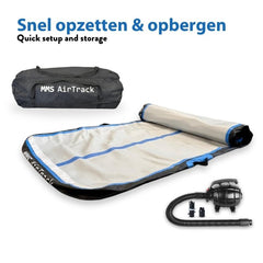 MMS AirTrack Basic in grijs met blauw, inclusief pomp en draagtas, ideaal voor thuis of buiten trainen.