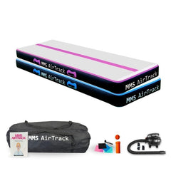 MMS AirTrack Plus in grijs, roze en blauw, inclusief pomp en draagtas, ideaal voor demping en hoge sprongen.