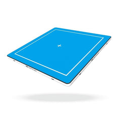 Blauwe vierkante MMS AirTrack met witte lijnen, ideaal voor turnen, freestyle en martial arts, veilig en opbergbaar.