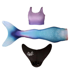 Lichtgewicht zeemeerminnen set in blauwpaarse tinten, inclusief top en staart, geïnspireerd op Prinses Ariël.